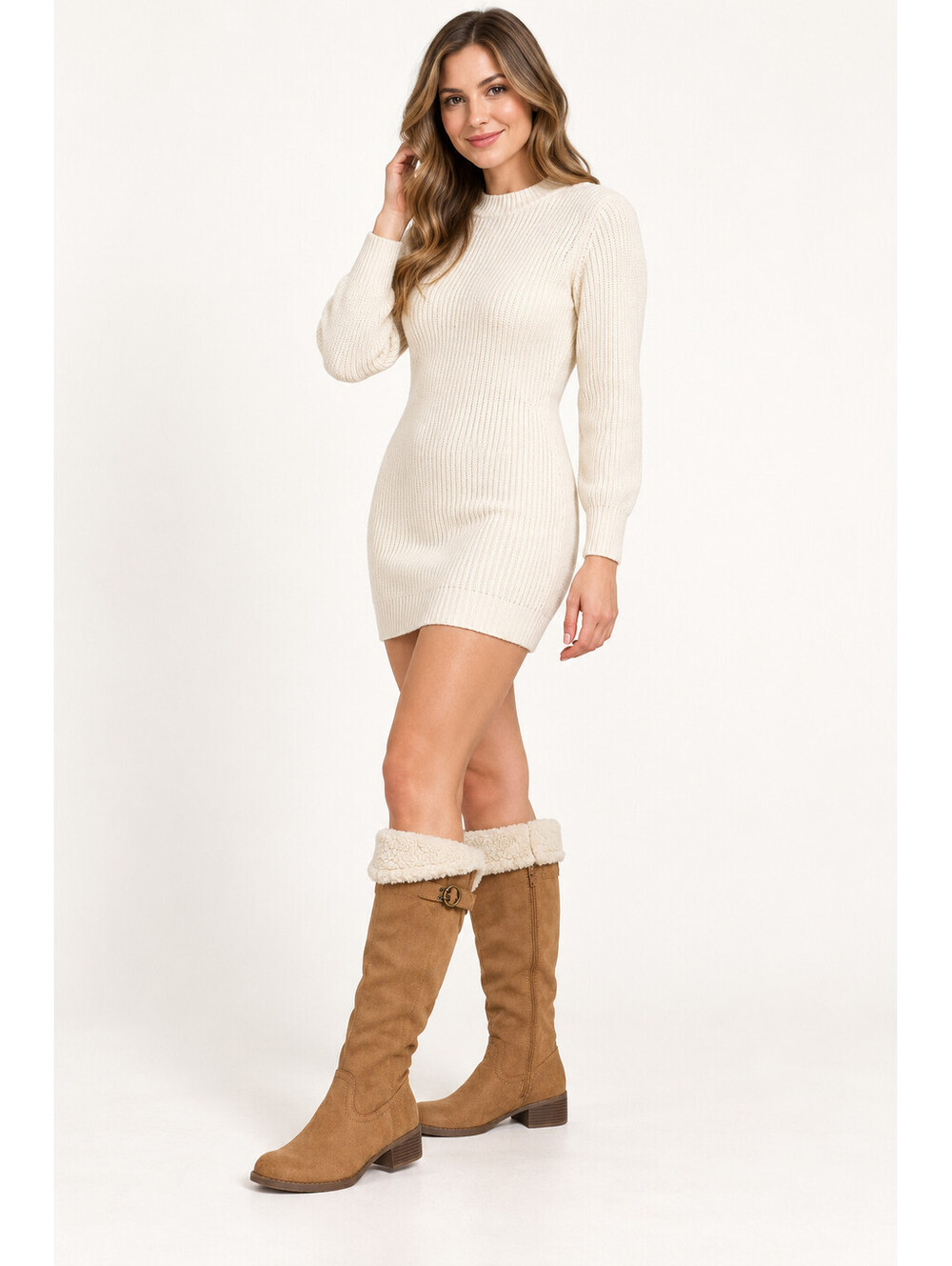Maurices Womens Size 6 Tan Faux Suede Knee High Riding Boots Fur Lined Buckle